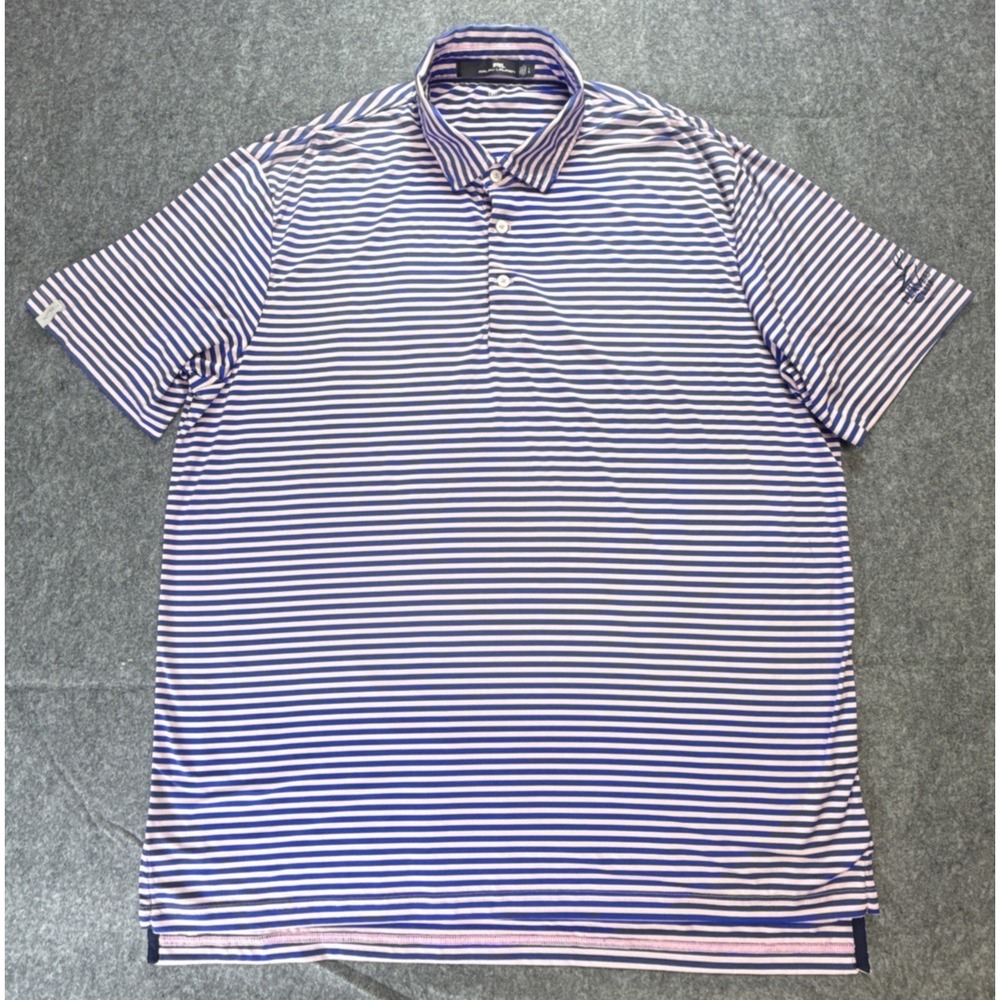 RLX Ralph Lauren Mens Size L Striped Golf Polo L Wicking Pink Blue Striped Logo